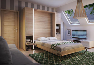 CP-01 Vertical Wall Bed Concept 140cm with Storage Cabinets Arte-N CONCEPT CP-01+CP-07+CP-08 G A 2-in-1, highly practical set with a vertical wall bed a pair of tall storage cabinets. All the pieces are made from thick, high-quality laminated board offer plenty of sleeping area as well as space for the user to store bedding decorations. The CP-01 has a self-holding feature implemented in it to allow it to stop in any position, mid-air, if left unattended. This bed can be locked within its cabinet, when fold