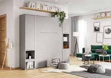 Load image into Gallery viewer, CP-01 Vertical Wall Bed Concept 140cm with Storage Cabinets Arte-N CONCEPT CP-01+CP-07+CP-08 G A 2-in-1, highly practical set with a vertical wall bed a pair of tall storage cabinets. All the pieces are made from thick, high-quality laminated board offer plenty of sleeping area as well as space for the user to store bedding decorations. The CP-01 has a self-holding feature implemented in it to allow it to stop in any position, mid-air, if left unattended. This bed can be locked within its cabinet, when fold