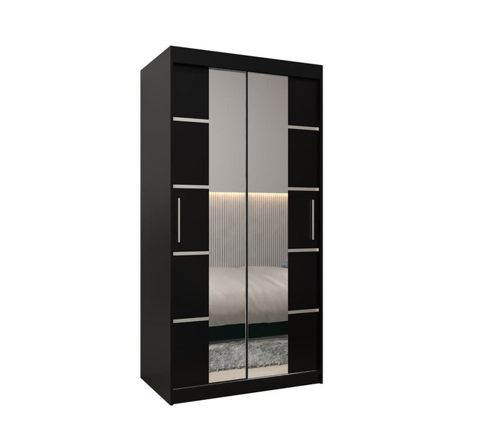 Verona 04 Sliding Door Wardrobe 100cm Arte-N VER 04 100 CZCZ 
Dimensions: W100cm x H200cm x D62cm
Colour:

Black
Oak Artisan
Oak Sonoma
White

Two Sliding Doors [Mirrored]
Five Shelves
Two Hanging Rails
Silver Plastic Handles
Edges PVC Finished
Optional Drawers Available [Purchased Separately]
Optional Silver Decorative Strips [Self-Mounting Required]
Made from 16mm high-quality laminated board
Assembly Required
Weight: 100kg
See 