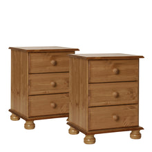 Load image into Gallery viewer, Copenhagen 3 Drawer Bedside in Pine (Package of 2.) in Pine (excludes backs, drawer base and drawer sides) Furniture To Go 1010111p 5707252049874 The Copenhagen 3 Drawer Bedside in Pine (Package of 2.) is an elegantly designed storage solution. They will comfortably hold a lamp, alarm clock and your favourite book or kindle on top and theres plenty more room in the 3 drawers. All drawers are on easy glide runners with cam lok system on fronts. Traditional design in solid pine and finished with a smooth stai
