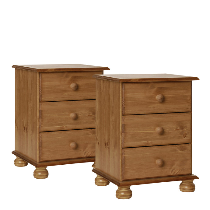 Copenhagen 3 Drawer Bedside in Pine (Package of 2.) in Pine (excludes backs, drawer base and drawer sides) Furniture To Go 1010111p 5707252049874 The Copenhagen 3 Drawer Bedside in Pine (Package of 2.) is an elegantly designed storage solution. They will comfortably hold a lamp, alarm clock and your favourite book or kindle on top and theres plenty more room in the 3 drawers. All drawers are on easy glide runners with cam lok system on fronts. Traditional design in solid pine and finished with a smooth stai