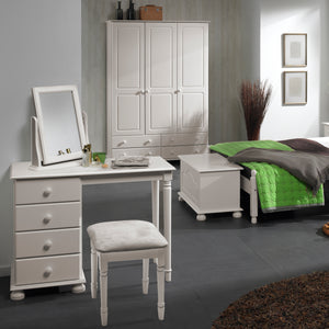 Copenhagen Single Dressing Table in White Furniture To Go 1010701 5706036664289 In attractive white MDF, this can be used as a stylish dressing table or as a desk. It would be perfect for the single bedroom or home office. The 4 drawers offer plenty of storage space with room on top for a mirror and photos, or as a desk gives plenty of workspace. Gliding runners with cam lok drawer fronts, crafted from white MDF and finished with a smooth lacquer makes this a durable and attractive choice for any bedroom. C
