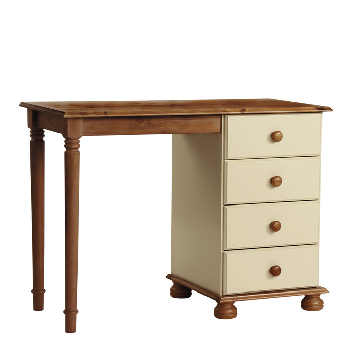 Copenhagen Single Dressing Table in Cream/Pine in Cream MDF/Pine Furniture To Go 1010702 5706036681347 In attractive Cream MDF/Pine, this can be used as a stylish dressing table or as a desk. It would be perfect for the single bedroom or home office. The 4 drawers offer plenty of storage space with room on top for a mirror and photos, or as a desk gives plenty of workspace. Gliding runners with cam lok drawer fronts, crafted from Creme MDF/Pine and finished with a smooth lacquer makes this a durable and att