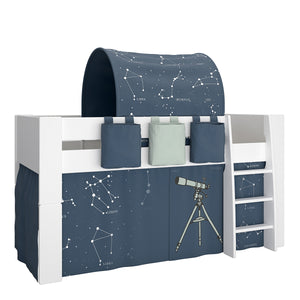 Steens for Kids Mid Sleeper in Whitewash Grey Brown Lacquered, Includes - Universe Tent + Tunnel + 2 Pockets in Blue + 1 Pocket in Green in White with Universe Accessories Furniture To Go 1012906130269-49 5060933422510 Step into the world of "Steens for Kids," where dreams come to life! Our captivating range of children's beds offers exciting options to enhance bedtime. From Single beds to High sleepers, Bunk beds, and Midsleepers, each meticulously crafted from solid MDF for safety and durability. Add a to