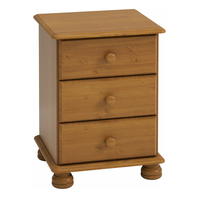 Richmond 3 Drw Bedside Pine Furniture To Go 1013022030034 5706036664067 3 Drawer Bedside in Pine is an elegantly designed storage solution. It will comfortably hold a lamp, alarm clock and your favourite book or kindle on top and theres plenty more room in the 3 drawers. All drawers are on easy glide runners with cam lok system on fronts. Traditional design in solid pine and finished with a smooth stained lacquer makes this an attractive choice for any bedroom. Dimensions: 579mm x 440mm x 384mm (Height x Wi
