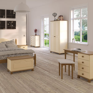 Richmond Dressing Table Cream & Pine Furniture To Go 1013023750246 5706036681347 In attractive Cream MDF/Pine, this can be used as a stylish dressing table or as a desk. It would be perfect for the single bedroom or home office. The 4 drawers offer plenty of storage space with room on top for a mirror and photos, or as a desk gives plenty of workspace. Gliding runners with cam lok drawer fronts, crafted from Creme MDF/Pine and finished with a smooth lacquer makes this a durable and attractive choice for any