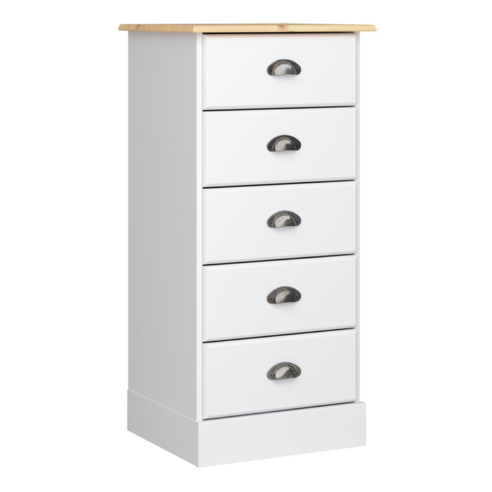 Nola 5 Drawer Chest White & Pine Furniture To Go 1013400050250 5707252074982 The Nola collection consists of shelving units, chest of drawers and desks. Stained MDF with a top in solid wood. The unusual stainless steel cup handles give this collection a real country feel. This narrow five drawer chest is perfect for smaller spaces around the home. Available in two colourways. Dimensions: 910mm x 441mm x 385mm (Height x Width x Depth) 
 Stainless steel cup handles 
 A Space Efficient Design 
 MDF & Solid Pin