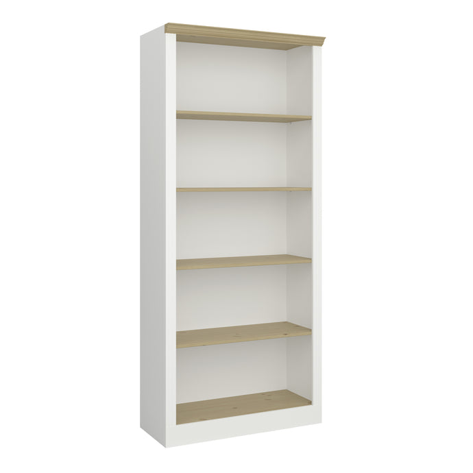 Nola 4 Shelf Bookcase White & Pine Furniture To Go 1013401460250 5707252081386 Looking to store your favourite ornament, books or DVDs? Look no further, this bookcase will not go unnoticed. Stained MDF with a top in solid wood. Dimensions: 1885mm x 820mm x 372mm (Height x Width x Depth) 
 4 Shelves 
 A Space Efficient Design 
 MDF & Solid Pine 
 Easy Self Assembly 
 Made in Denmark 
 Assembly instructions:
 
 https://www.dropbox.com/s/vg4vggs0b5h2zd1/1013401460250_ai.pdf?dl=0 
