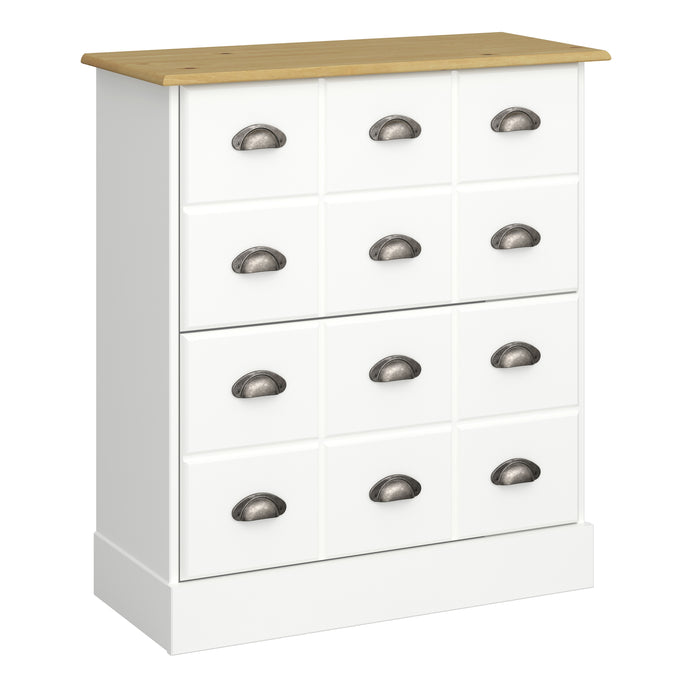 Nola Shoe Cabinet White & Pine Furniture To Go 1013403880250 5707252086206 The Nola collection consists of shelving units, chest of drawers and desks. Stained MDF with a top in solid wood. The unusual stainless steel cup handles give this collection a real country feel. Pack your shoes away in style with this cleverly designed shoe cabinet. Available in two colourways. Dimensions: 840mm x 700mm x 300mm (Height x Width x Depth) 
 Stainless steel cup handles 
 A Space Efficient Design 
 MDF & Solid Pine 
 Eas