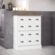 Load image into Gallery viewer, Nola Shoe Cabinet White &amp; Pine Furniture To Go 1013403880250 5707252086206 The Nola collection consists of shelving units, chest of drawers and desks. Stained MDF with a top in solid wood. The unusual stainless steel cup handles give this collection a real country feel. Pack your shoes away in style with this cleverly designed shoe cabinet. Available in two colourways. Dimensions: 840mm x 700mm x 300mm (Height x Width x Depth) 
 Stainless steel cup handles 
 A Space Efficient Design 
 MDF &amp; Solid Pine 
 Eas