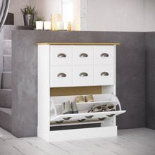 Load image into Gallery viewer, Nola Shoe Cabinet White &amp; Pine Furniture To Go 1013403880250 5707252086206 The Nola collection consists of shelving units, chest of drawers and desks. Stained MDF with a top in solid wood. The unusual stainless steel cup handles give this collection a real country feel. Pack your shoes away in style with this cleverly designed shoe cabinet. Available in two colourways. Dimensions: 840mm x 700mm x 300mm (Height x Width x Depth) 
 Stainless steel cup handles 
 A Space Efficient Design 
 MDF &amp; Solid Pine 
 Eas