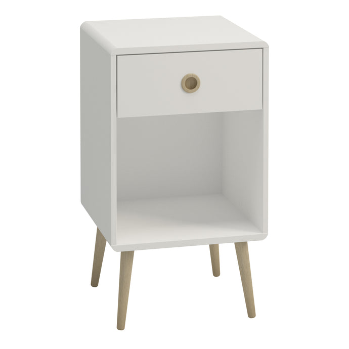 Softline 1 Drawer Chest Off White Furniture To Go 1013600010050 5707252050849 Finished in white with pine stained handles and tapered legs, the Softline bedside table brings mid-century style to any home. The clean, streamlined appeal of this bedside table suits almost any decor, and will look great whether you opt for it as a standalone piece, or choose other items from the range to complete the look. This elegant bedside cabinet also offers a drawer and open cabinet for ample storage, ideal for keeping yo