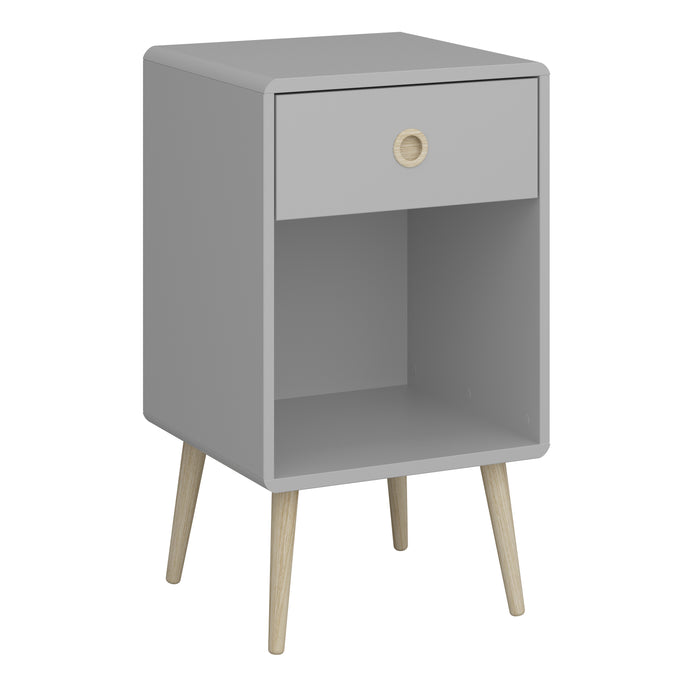 Softline 1 Drawer Chest Grey Furniture To Go 1013600010074 5707252080273 Finished in grey with pine stained handles and tapered legs, the Softline bedside table brings mid-century style to any home. The clean, streamlined appeal of this bedside table suits almost any decor, and will look great whether you opt for it as a standalone piece, or choose other items from the range to complete the look. This elegant bedside cabinet also offers a drawer and open cabinet for ample storage, ideal for keeping your sle
