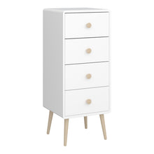 Load image into Gallery viewer, Gaia 4 Drawer Chest in Pure White Furniture To Go 1013600040058 5707252084431 Introducing the Gaia 4 Drawer Narrow Chest in Pure White: A perfect blend of style and functionality. Its slim design optimizes space while offering ample storage. Crafted with oak and MDF wood in a pristine white hue, this chest exudes elegance, effortlessly complementing any room decor. The soft shapes prioritise safety, ensuring a secure and inviting addition to your space. Upgrade your storage solutions with the Gaia 4 Drawer 