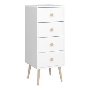 Gaia 4 Drawer Chest in Pure White Furniture To Go 1013600040058 5707252084431 Introducing the Gaia 4 Drawer Narrow Chest in Pure White: A perfect blend of style and functionality. Its slim design optimizes space while offering ample storage. Crafted with oak and MDF wood in a pristine white hue, this chest exudes elegance, effortlessly complementing any room decor. The soft shapes prioritise safety, ensuring a secure and inviting addition to your space. Upgrade your storage solutions with the Gaia 4 Drawer 