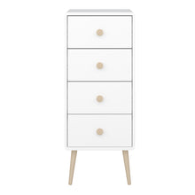 Load image into Gallery viewer, Gaia 4 Drawer Chest in Pure White Furniture To Go 1013600040058 5707252084431 Introducing the Gaia 4 Drawer Narrow Chest in Pure White: A perfect blend of style and functionality. Its slim design optimizes space while offering ample storage. Crafted with oak and MDF wood in a pristine white hue, this chest exudes elegance, effortlessly complementing any room decor. The soft shapes prioritise safety, ensuring a secure and inviting addition to your space. Upgrade your storage solutions with the Gaia 4 Drawer 