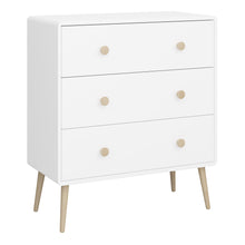 Load image into Gallery viewer, Gaia 3 Drawer Chest in Pure White Furniture To Go 1013600110058 5707252084455 Introducing the Gaia 3 Drawer Bedroom Chest in Pure White: A harmonious fusion of style and practicality. The soft shapes prioritise safety, adding a warm touch to your bedroom. With a simplistic and modern design, crafted with oak and MDF wood, this chest is not only durable but also effortlessly complements neutral decor, promoting a contemporary theme. The addition of sturdy oak legs further enhances its elegant charm. Upgrade 