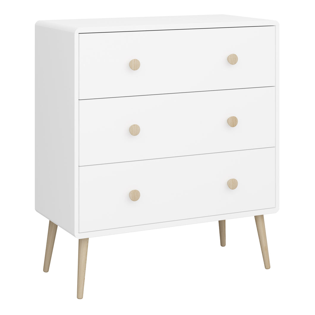 Gaia 3 Drawer Chest in Pure White Furniture To Go 1013600110058 5707252084455 Introducing the Gaia 3 Drawer Bedroom Chest in Pure White: A harmonious fusion of style and practicality. The soft shapes prioritise safety, adding a warm touch to your bedroom. With a simplistic and modern design, crafted with oak and MDF wood, this chest is not only durable but also effortlessly complements neutral decor, promoting a contemporary theme. The addition of sturdy oak legs further enhances its elegant charm. Upgrade 