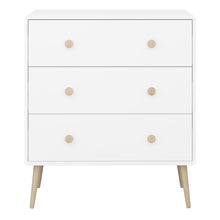 Load image into Gallery viewer, Gaia 3 Drawer Chest in Pure White Furniture To Go 1013600110058 5707252084455 Introducing the Gaia 3 Drawer Bedroom Chest in Pure White: A harmonious fusion of style and practicality. The soft shapes prioritise safety, adding a warm touch to your bedroom. With a simplistic and modern design, crafted with oak and MDF wood, this chest is not only durable but also effortlessly complements neutral decor, promoting a contemporary theme. The addition of sturdy oak legs further enhances its elegant charm. Upgrade 