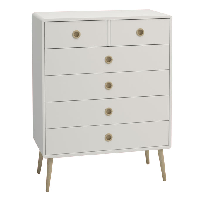 Softline 2 + 4 Chest Off White Furniture To Go 1013600130050 5707252050870 Finished in white with pine stained handles and tapered legs, the Softline 2+4 chest brings mid-century style to any home. The clean, streamlined appeal of this chest suits almost any decor, and will look great whether you opt for it as a standalone piece, or choose other items from the range to complete the look. Dimensions: 1052mm x 813mm x 396mm (Height x Width x Depth) 
 Pine stained handles 
 Elegant Design 
 Tapered Legs 
 Easy