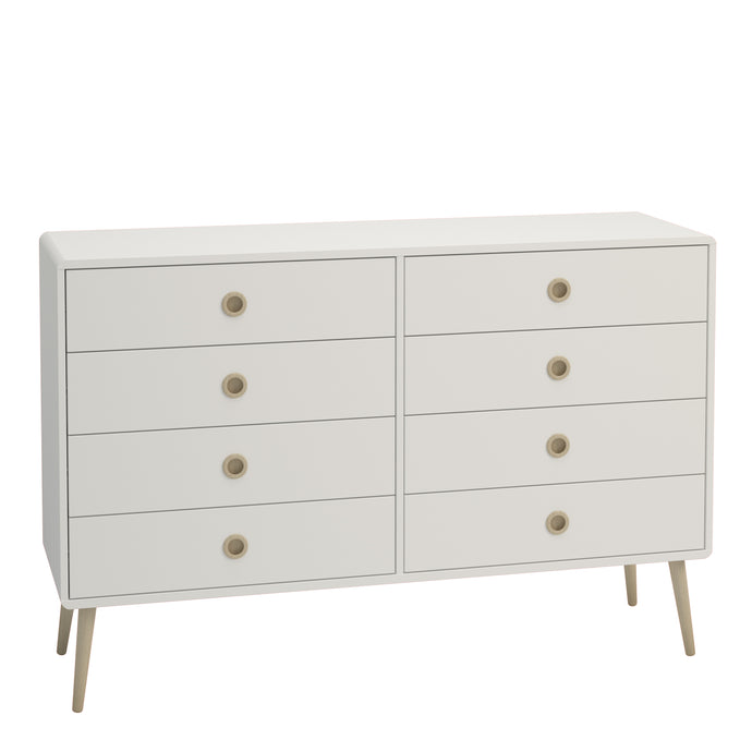 Softline 4 + 4 Wide Chest Off White Furniture To Go 1013600190050 5707252050900 Finished in white with pine stained handles and tapered legs, the Softline 4 +4 wide chest brings mid-century style to any home. The clean, streamlined appeal of this chest suits almost any decor, and will look great whether you opt for it as a standalone piece, or choose other items from the range to complete the look. Dimensions: 892mm x 1351mm x 396mm (Height x Width x Depth) 
 Pine stained handles 
 Elegant Design 
 Tapered 