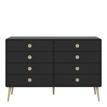 Load image into Gallery viewer, Softline 4 + 4 Wide Chest Black Painted in Black Furniture To Go 1013600190070 5707252068493 Introducing the Softline Furniture Range - a flawless fusion of retro charm and modern functionality, designed to make a stylish statement in any bedroom. With ample storage for small bedroom items, the meticulous retro-inspired design exudes elegance, elevating the overall aesthetic of your living space. Experience the epitome of modern luxury with the Softline Retro range, transforming your bedroom into a lavish s