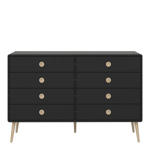 Softline 4 + 4 Wide Chest Black Painted in Black Furniture To Go 1013600190070 5707252068493 Introducing the Softline Furniture Range - a flawless fusion of retro charm and modern functionality, designed to make a stylish statement in any bedroom. With ample storage for small bedroom items, the meticulous retro-inspired design exudes elegance, elevating the overall aesthetic of your living space. Experience the epitome of modern luxury with the Softline Retro range, transforming your bedroom into a lavish s