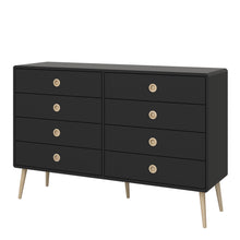 Load image into Gallery viewer, Softline 4 + 4 Wide Chest Black Painted in Black Furniture To Go 1013600190070 5707252068493 Introducing the Softline Furniture Range - a flawless fusion of retro charm and modern functionality, designed to make a stylish statement in any bedroom. With ample storage for small bedroom items, the meticulous retro-inspired design exudes elegance, elevating the overall aesthetic of your living space. Experience the epitome of modern luxury with the Softline Retro range, transforming your bedroom into a lavish s