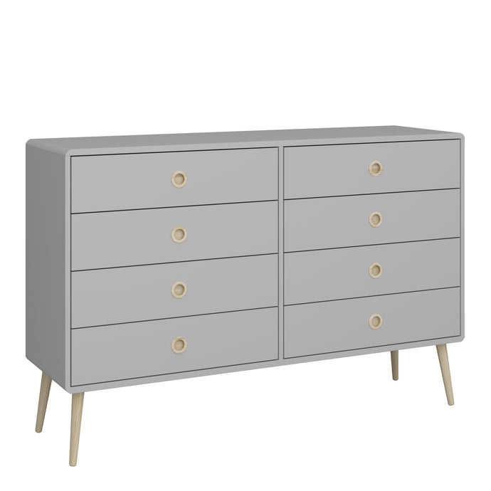 Softline 4 + 4 Wide Chest Grey Furniture To Go 1013600190074 5707252080433 Finished in grey with pine stained handles and tapered legs, the Softline 4 +4 wide chest brings mid-century style to any home. The clean, streamlined appeal of this chest suits almost any decor, and will look great whether you opt for it as a standalone piece, or choose other items from the range to complete the look. Dimensions: 892mm x 1351mm x 396mm (Height x Width x Depth) 
 Pine stained handles 
 Elegant Design 
 Tapered Legs 
