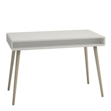 Load image into Gallery viewer, Softline Standard Desk Off White Furniture To Go 1013600770050 5707252054458 Finished in white with pine stained handles and tapered legs, the Softline desk brings mid-century style to any home. The clean, streamlined appeal of this unit suits almost any decor, and will look great whether you opt for it as a standalone piece, or choose other items from the range to complete the look. Dimensions: 759mm x 1141mm x 570mm (Height x Width x Depth) 
 Pine stained handles 
 Elegant Design 
 Tapered Legs 
 Easy sel