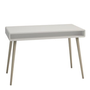 Softline Standard Desk Off White Furniture To Go 1013600770050 5707252054458 Finished in white with pine stained handles and tapered legs, the Softline desk brings mid-century style to any home. The clean, streamlined appeal of this unit suits almost any decor, and will look great whether you opt for it as a standalone piece, or choose other items from the range to complete the look. Dimensions: 759mm x 1141mm x 570mm (Height x Width x Depth) 
 Pine stained handles 
 Elegant Design 
 Tapered Legs 
 Easy sel