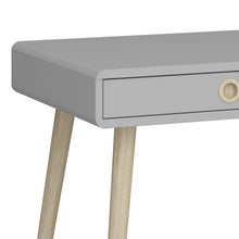 Load image into Gallery viewer, Softline Standard Desk Grey Furniture To Go 1013600770074 5707252080440 Finished in grey with pine stained handles and tapered legs, the Softline desk brings mid-century style to any home. The clean, streamlined appeal of this unit suits almost any decor, and will look great whether you opt for it as a standalone piece, or choose other items from the range to complete the look. Dimensions: 759mm x 1141mm x 570mm (Height x Width x Depth) 
 Pine stained handles 
 Elegant Design 
 Tapered Legs 
 Easy self asse