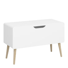 Load image into Gallery viewer, Gaia Toy Box in Pure White Furniture To Go 1013603800058 5707252083199 Introducing the Gaia Toy Box in Pure White: A stylish and secure way to elevate their space. The soft shapes ensure safety while the modern design with oak legs exudes a playful and functional charm. Crafted with durable oak and MDF wood, it adds an elegant touch, and the pure white colour effortlessly complements any children&#39;s room decor. Upgrade their space with the Gaia Toy Box, a versatile piece that provides a chic storage solution