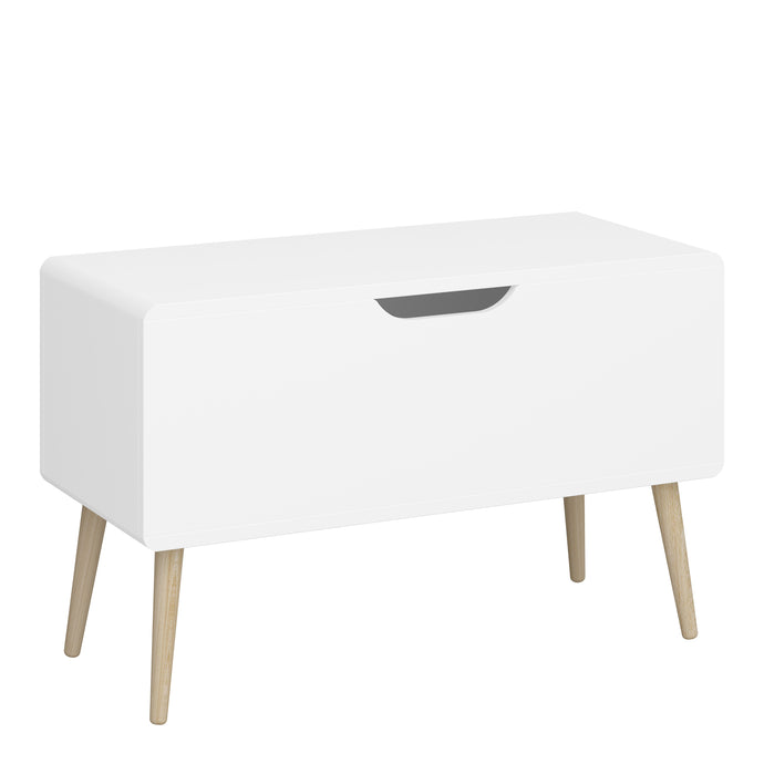 Gaia Toy Box in Pure White Furniture To Go 1013603800058 5707252083199 Introducing the Gaia Toy Box in Pure White: A stylish and secure way to elevate their space. The soft shapes ensure safety while the modern design with oak legs exudes a playful and functional charm. Crafted with durable oak and MDF wood, it adds an elegant touch, and the pure white colour effortlessly complements any children's room decor. Upgrade their space with the Gaia Toy Box, a versatile piece that provides a chic storage solution