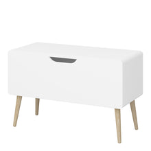 Load image into Gallery viewer, Gaia Toy Box in Pure White Furniture To Go 1013603800058 5707252083199 Introducing the Gaia Toy Box in Pure White: A stylish and secure way to elevate their space. The soft shapes ensure safety while the modern design with oak legs exudes a playful and functional charm. Crafted with durable oak and MDF wood, it adds an elegant touch, and the pure white colour effortlessly complements any children&#39;s room decor. Upgrade their space with the Gaia Toy Box, a versatile piece that provides a chic storage solution