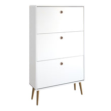 Load image into Gallery viewer, Softline Shoe Cabinet 3 Folding Doors, White 050 in White Furniture To Go 1013603880050 5707252050931 Introducing the Softline Furniture Range - a flawless fusion of retro charm and modern functionality, designed to make a stylish statement in any bedroom. With ample storage for small bedroom items, the meticulous retro-inspired design exudes elegance, elevating the overall aesthetic of your living space. Experience the epitome of modern luxury with the Softline Retro range, transforming your bedroom into a