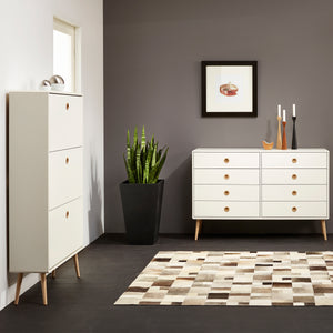 Softline Shoe Cabinet 3 Folding Doors, White 050 in White Furniture To Go 1013603880050 5707252050931 Introducing the Softline Furniture Range - a flawless fusion of retro charm and modern functionality, designed to make a stylish statement in any bedroom. With ample storage for small bedroom items, the meticulous retro-inspired design exudes elegance, elevating the overall aesthetic of your living space. Experience the epitome of modern luxury with the Softline Retro range, transforming your bedroom into a