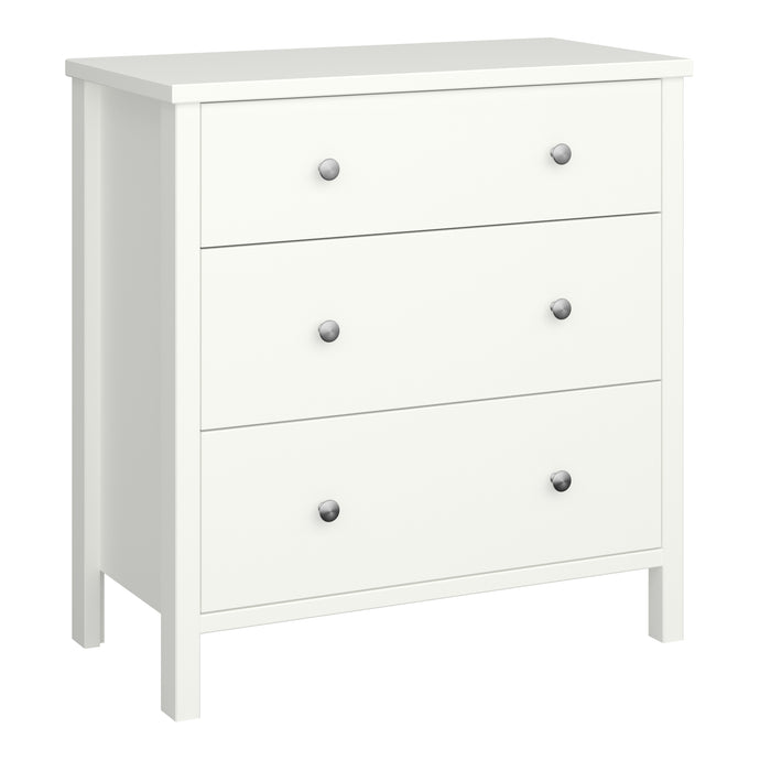Tromso 3 Drawer Chest Off White Furniture To Go 1013740150050 5707252053925 A beautiful clean white range with classic Scandinavian lines and stainless steel handles. Made with easy clean solid MDF. With easy glide underslung runners and matching drawer interiors, this piece is a sturdy and durable design for any home. Dimensions: 840mm x 800mm x 410mm (Height x Width x Depth) 
 Stainless steel handles 
 A Minimalistic Design 
 Metal Runners 
 Easy self assembly 
 Made in Denmark 
 Assembly instructions:
 
