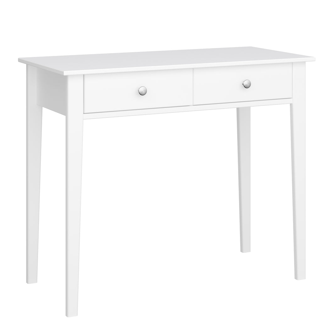 Tromso desk 2 drawers Off White Furniture To Go 1013740760058 5707252116101 Upgrade your office space with the Tromso 2-drawer desk. This elegant off-white desk showcases a timeless Scandinavian design, complete with polished stainless steel handles for a touch of sophistication. Made with solid MDF and finished with a sleek, easy-to-clean surface, it's both functional and stylish. Enjoy the smooth gliding action of underslung runners and the added touch of a matching interior drawer lining. With its attrac