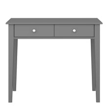 Load image into Gallery viewer, Tromso desk 2 drawers Gray in Grey Furniture To Go 1013740760072 5707252116118 Upgrade your office space with the Tromso 2-drawer desk. This stylish grey desk showcases a timeless Scandinavian design, complete with polished stainless steel handles for a touch of sophistication. Made with solid MDF and finished with a sleek, easy-to-clean surface, it&#39;s both functional and stylish. Enjoy the smooth gliding action of underslung runners and the added touch of a matching interior drawer lining. With its attracti
