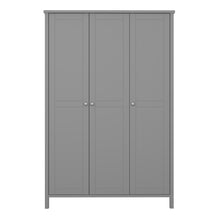 Load image into Gallery viewer, Tromso 3 Door Robe Grey Furniture To Go 1013741020072 5707252079963 A beautiful clean grey range with classic Scandinavian lines and stainless steel handles. Made with easy clean solid MDF. Featuring three doors, four shelves and one hanging rail, this piece is a sturdy and durable design for any home. Dimensions: 1950mm x 1290mm x 496mm (Height x Width x Depth) 
 Stainless steel handles 
 A Minimalistic Design 
 Adjustable Hinges 
 Easy self assembly 
 Made in Denmark 
 Assembly instructions:
 
 https://ww