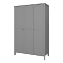 Load image into Gallery viewer, Tromso 3 Door Robe Grey Furniture To Go 1013741020072 5707252079963 A beautiful clean grey range with classic Scandinavian lines and stainless steel handles. Made with easy clean solid MDF. Featuring three doors, four shelves and one hanging rail, this piece is a sturdy and durable design for any home. Dimensions: 1950mm x 1290mm x 496mm (Height x Width x Depth) 
 Stainless steel handles 
 A Minimalistic Design 
 Adjustable Hinges 
 Easy self assembly 
 Made in Denmark 
 Assembly instructions:
 
 https://ww