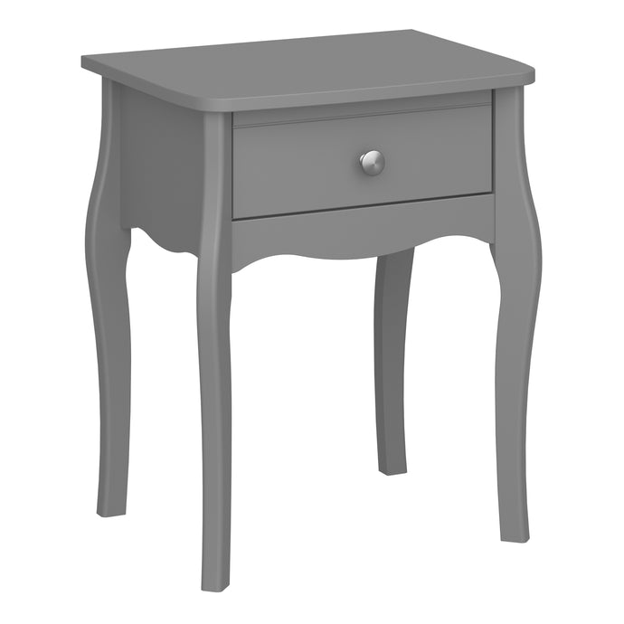 Baroque Nightstand Folkestone Grey with Rose Gold Colour Handles Furniture To Go 1013760010072G 5707252076351 Introduce elegance to your bedroom with our Baroque one drawer nightstand, inspired by the charming Provence style. This stunning piece features delicate detailing, a soft Grey finish, and rose gold colour handles that beautifully complement any room decor. With its spacious drawer, it offers ample storage space for your makeup, jewellery, or other essentials, keeping them tidy and easily accessible