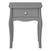 Load image into Gallery viewer, Baroque Nightstand Folkestone Grey with Rose Gold Colour Handles Furniture To Go 1013760010072G 5707252076351 Introduce elegance to your bedroom with our Baroque one drawer nightstand, inspired by the charming Provence style. This stunning piece features delicate detailing, a soft Grey finish, and rose gold colour handles that beautifully complement any room decor. With its spacious drawer, it offers ample storage space for your makeup, jewellery, or other essentials, keeping them tidy and easily accessible