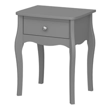 Load image into Gallery viewer, Baroque Nightstand Folkestone Grey with Rose Gold Colour Handles Furniture To Go 1013760010072G 5707252076351 Introduce elegance to your bedroom with our Baroque one drawer nightstand, inspired by the charming Provence style. This stunning piece features delicate detailing, a soft Grey finish, and rose gold colour handles that beautifully complement any room decor. With its spacious drawer, it offers ample storage space for your makeup, jewellery, or other essentials, keeping them tidy and easily accessible