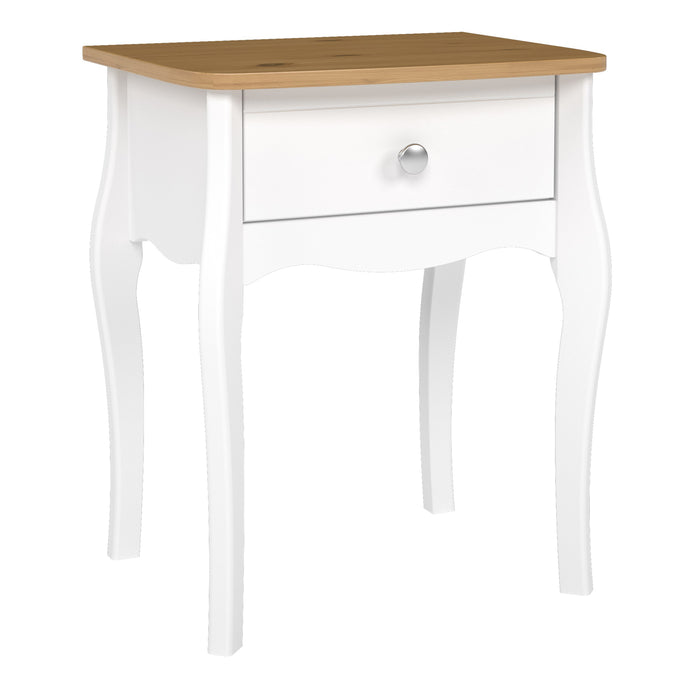 Baroque Nightstand Pure White Iced Coffee Lacquer in White & Pine Furniture To Go 1013760010330 5713035081665 Introduce elegance to your bedroom with our Baroque one drawer nightstand in Pure White, inspired by the charming Provence style. This stunning piece features delicate detailing, a pristine white finish, and stainless steel handles that beautifully complement any room decor. With its spacious drawer, it offers ample storage space for your makeup, jewellery, or other essentials, keeping them tidy and