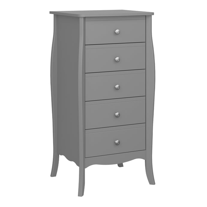 Baroque 5 Drw Narrow Folkestone Grey with Rose Gold Colour Handles Furniture To Go 1013760050072G 5707252076368 Add a touch of elegance to your bedroom with our Baroque 5 drawer narrow chest, inspired by the charming Provence style. This stunning chest features delicate detailing, a soft Grey finish, and rose gold colour handles that beautifully complement any room decor. Embrace the perfect blend of style and practicality with this captivating piece, adding a touch of sophistication to your bedroom ambianc