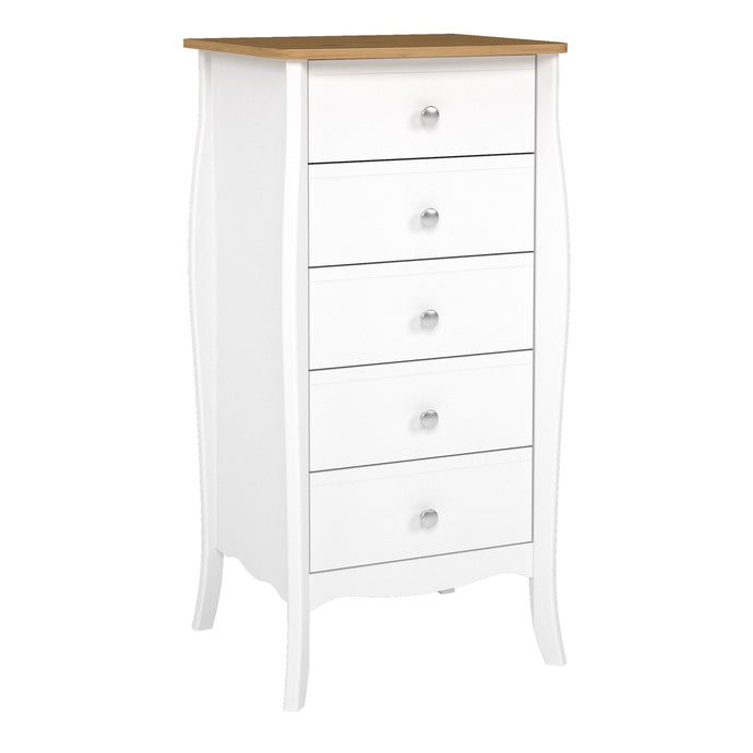 Baroque 5 Drw Narrow Pure White Iced Coffee Lacquer in White & Pine Furniture To Go 1013760050330 5713035081641 Introducing our Baroque 5 drawer narrow chest in a white version with a pine top, inspired by the charming Provence style. This stunning chest features delicate detailing, a crisp white finish, and stainless steel handles that beautifully complement any room decor. Embrace the perfect blend of style and practicality with this captivating piece, adding a touch of sophistication to your bedroom ambi