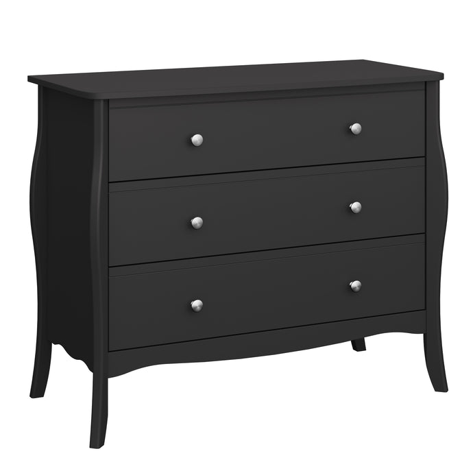 Baroque 3drw Wide Chest Black Furniture To Go 1013760150049 5707252053550 This Provence-inspired Baroque Wide Chest of Drawers brings a touch of elegance to any bedroom. With delicate detailing, rich black finish and stainless steel handles, this piece works well with any style of room.This classic chest of drawers offers three generously sizes drawers, ideal for storing bulkier items of clothing Dimensions: 800mm x 965mm x 450mm (Height x Width x Depth) 
 Stainless steel handles 
 Metal Runners 
 Spacious 