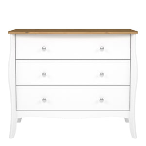 Baroque 3 Drawer Wide Chest Pure White Iced Coffee Lacquer in White and Pine Furniture To Go 1013760150330 5707252126179 Introducing our exquisite 3 drawer wide chest with a luxurious pine top, inspired by Provence's Baroque style. Delicate detailing and a crisp white finish exude sophistication, while stainless steel handles add a modern twist, making it a perfect fit for any room. Elevate your bedroom with this captivating wide chest, combining classic beauty and practicality effortlessly. Dimensions: 800